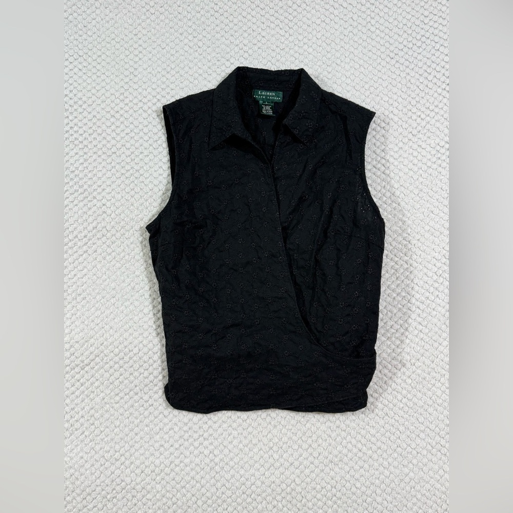 Lauren Ralph Lauren Black Eyelet Sleeveless Wrap Blouse Tie Back - Size L